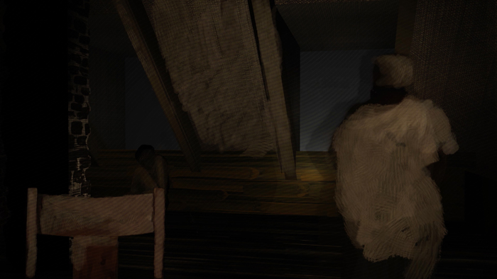 A screenshot from the animated film. A woman in a white dress and headscarf stands by a window in a dark room.